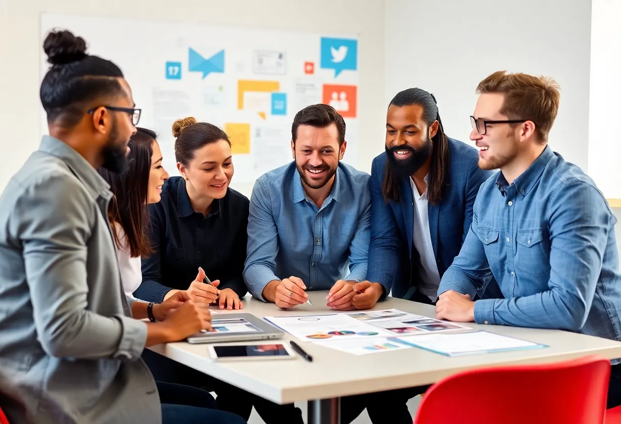 A team planning multichannel marketing strategies for digital engagement.