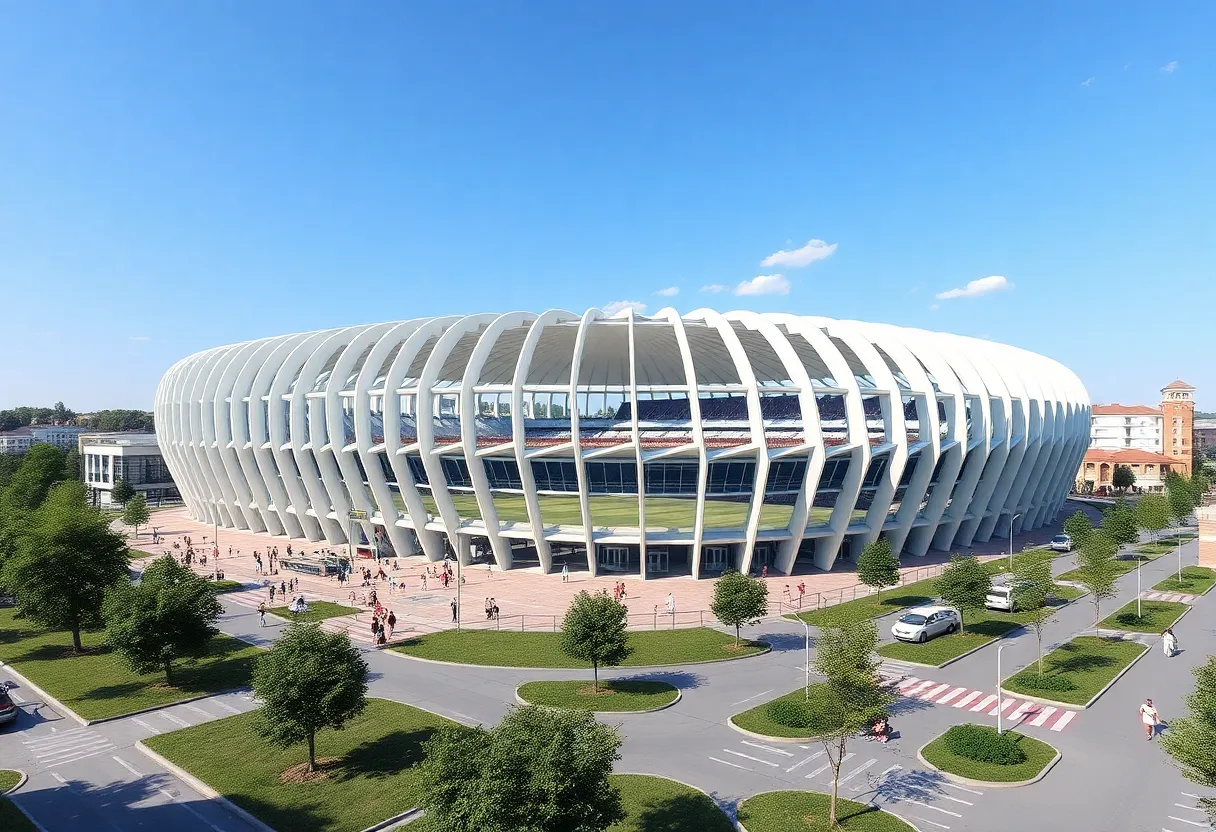 Architectural rendering of a new multi-use stadium in Mauldin, South Carolina.