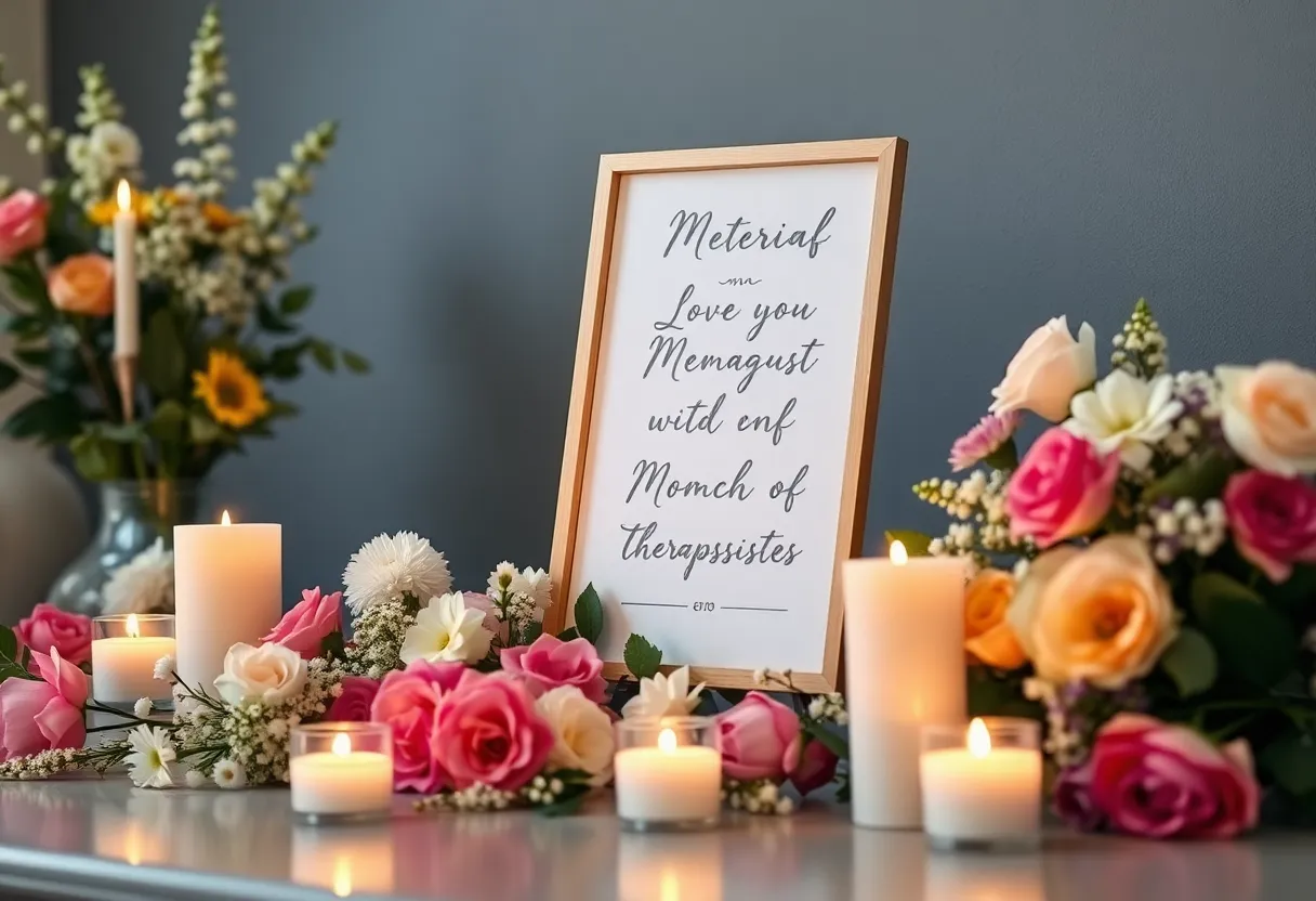 A memorial tribute for Pat Ferrebee Bailey with flowers and candles.