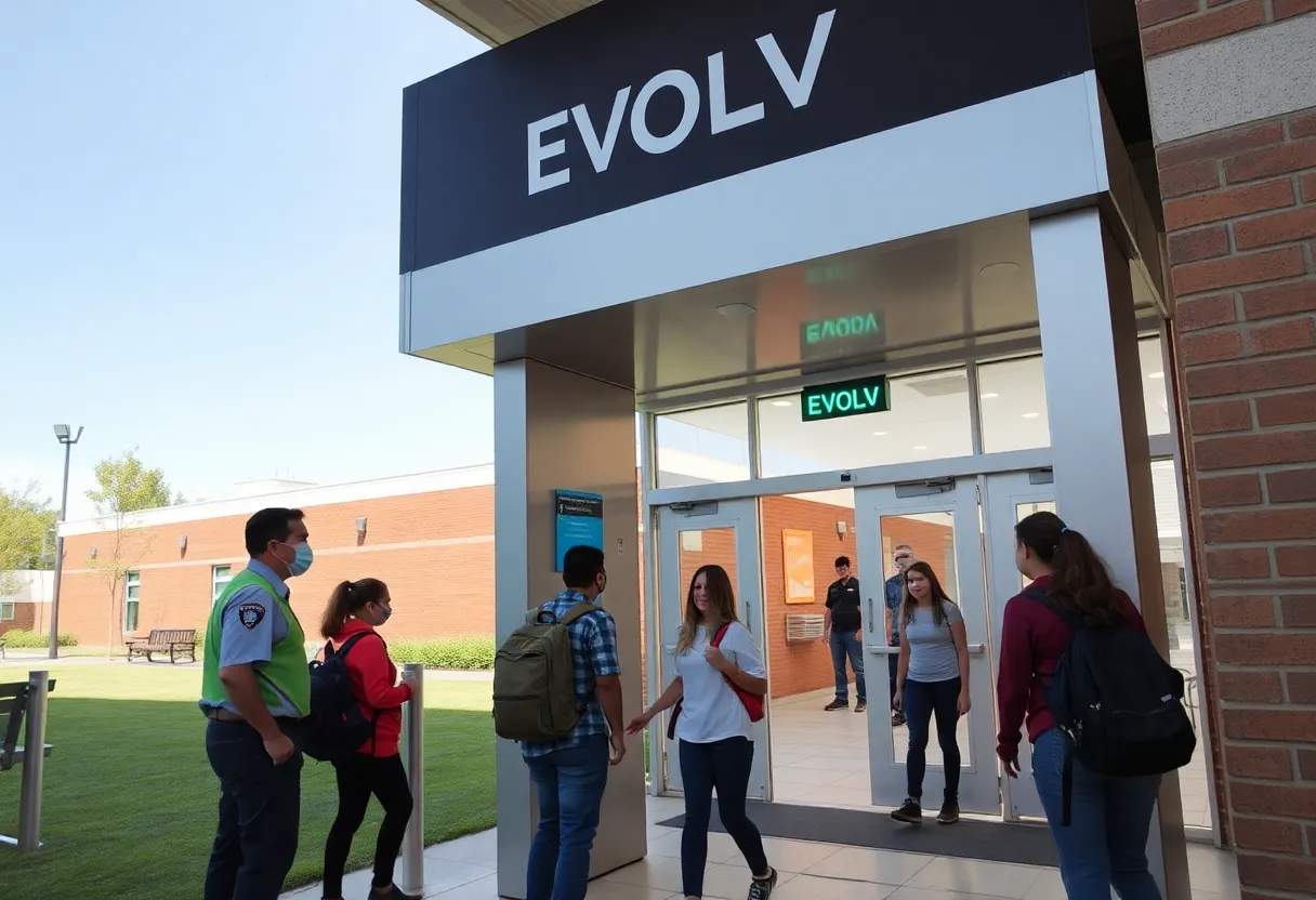 Students passing through EVOLV Weapons Detection System at a high school entrance.