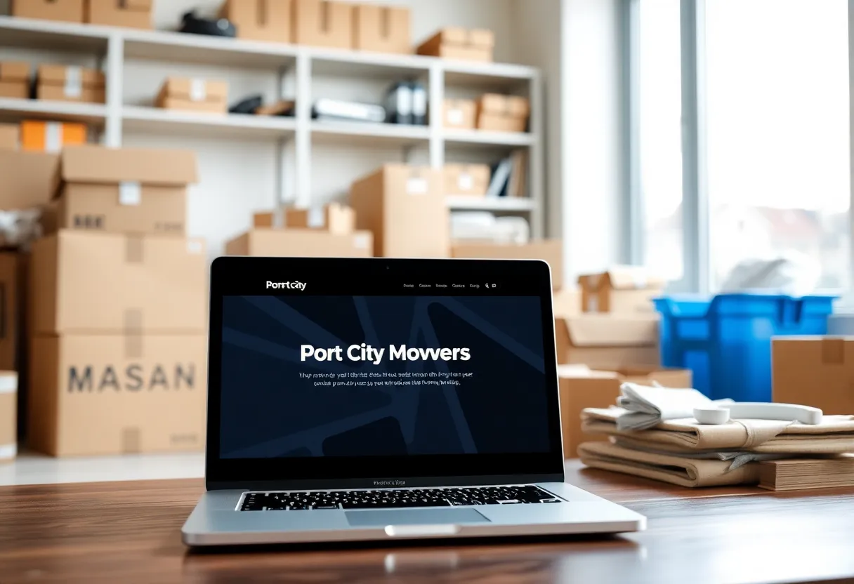 New website of Port City Movers displayed on a laptop in a home office setting.