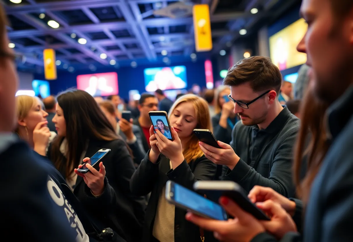 People engaging with real-time marketing on devices during an event