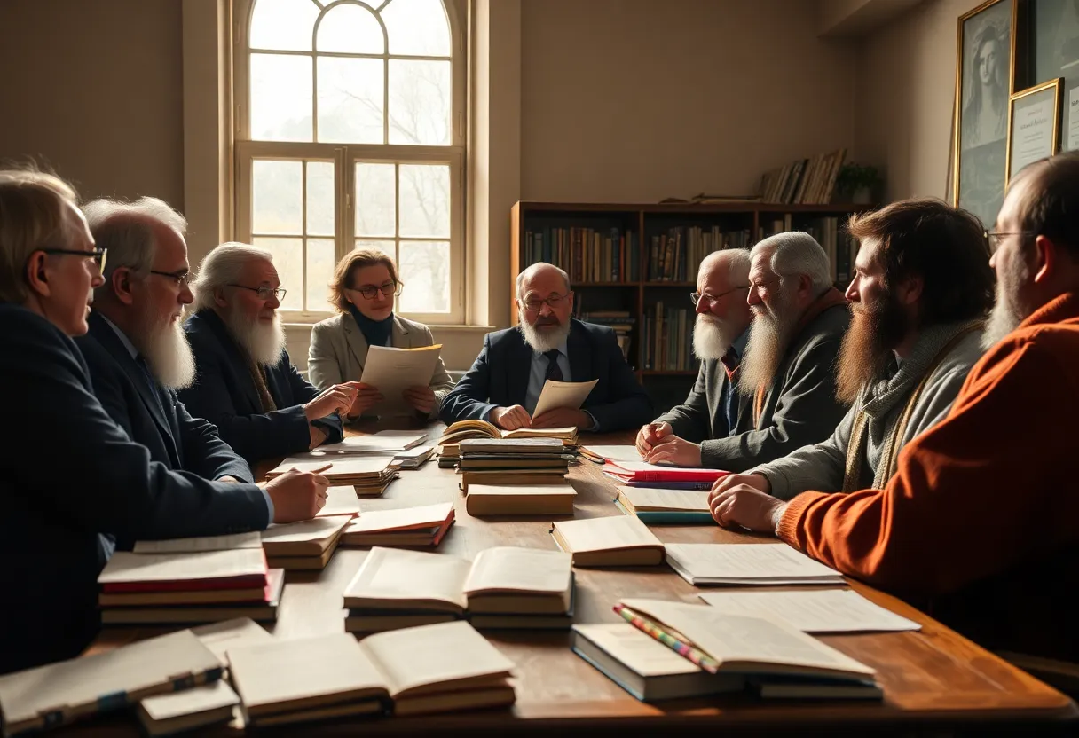 Scholars engaging in a deep discussion about political history and parallels in a classroom.