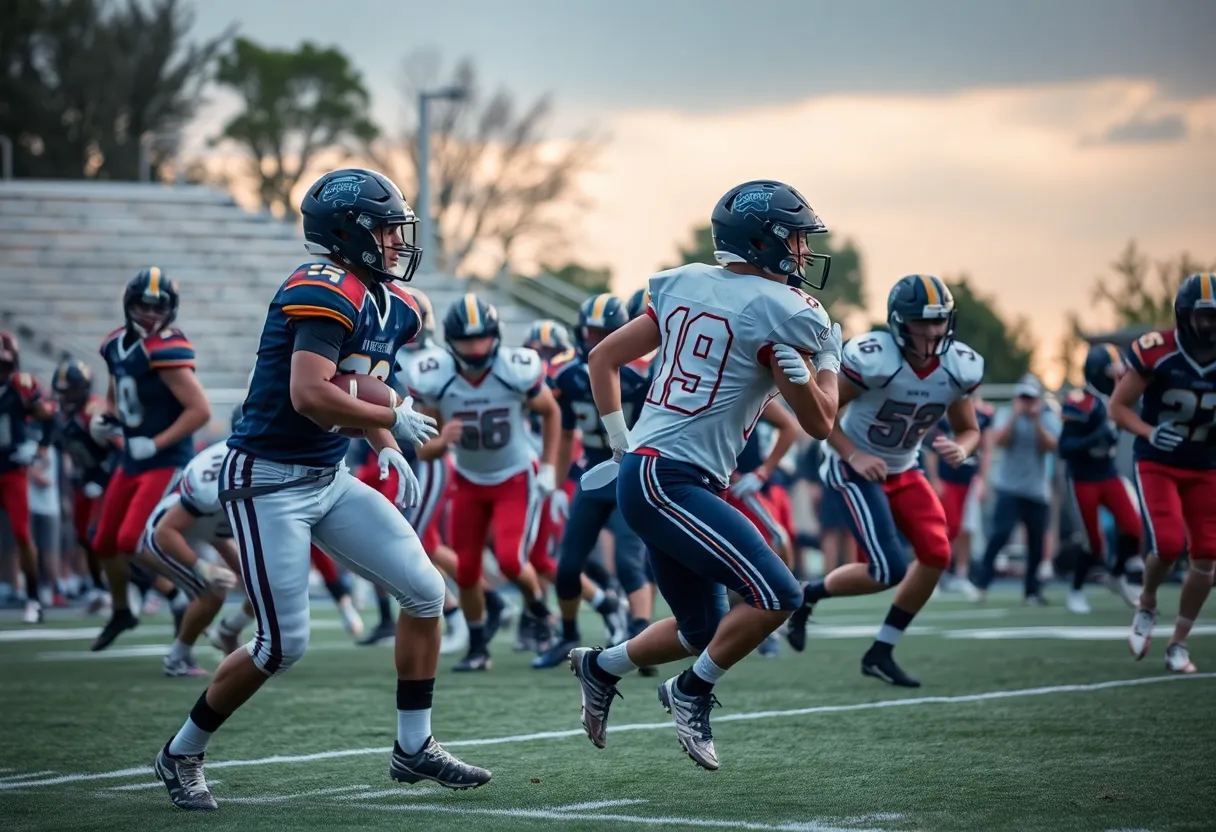 High school football players competing in a game