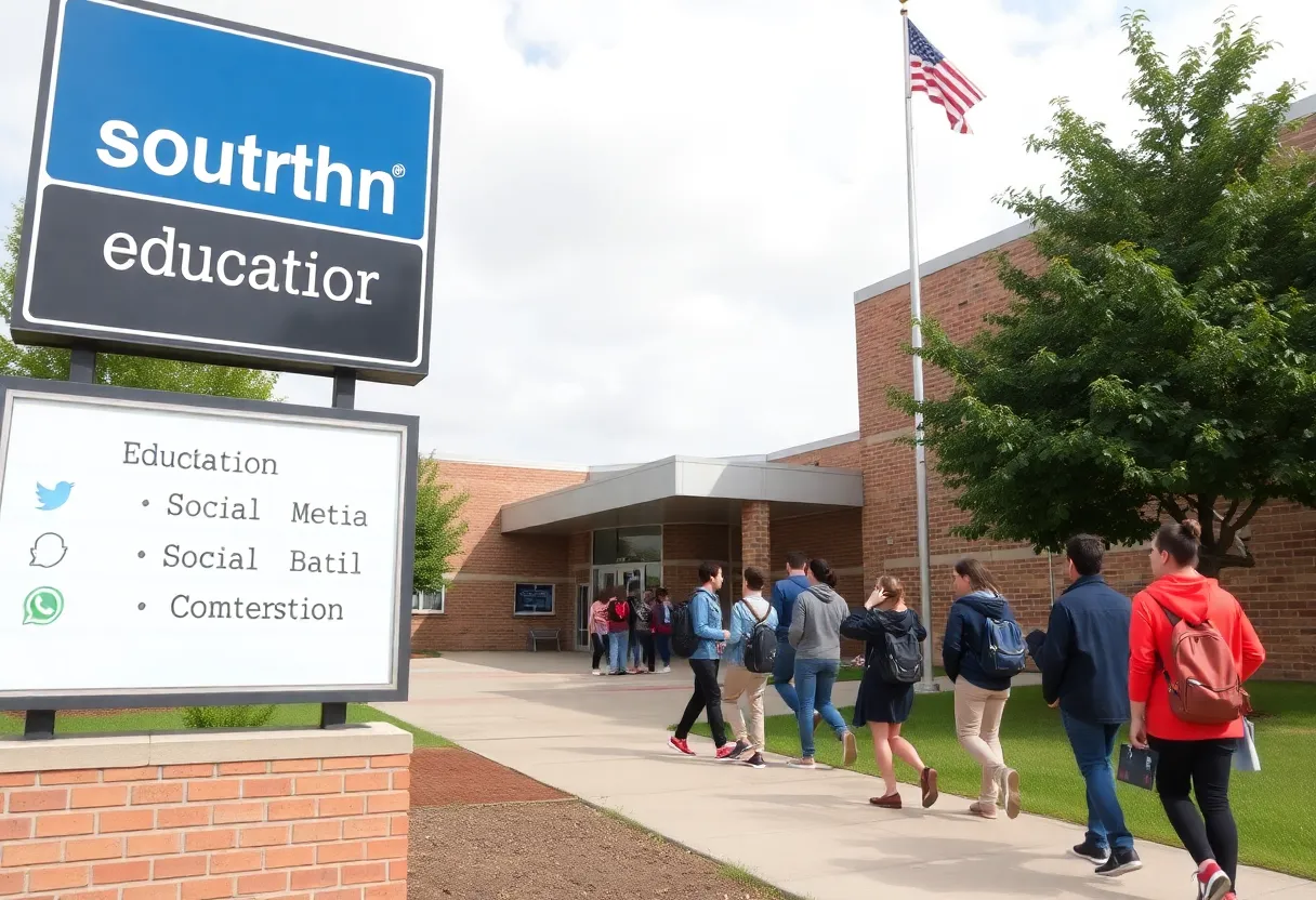Exterior view of Southside High School with educational bulletin board