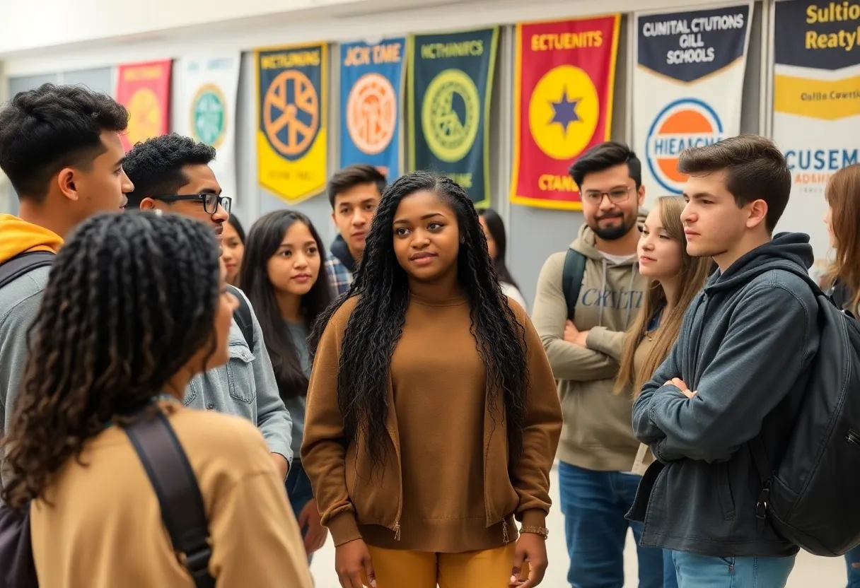 Diverse high school students engaging in discussion with various organization banners in the background