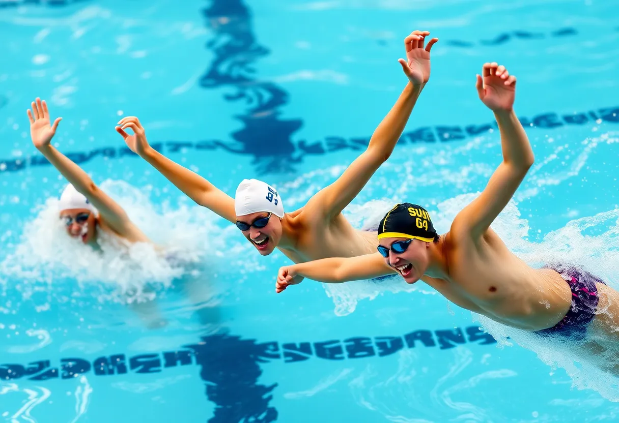 Swimmers competing in a pool during a collegiate swimming event.