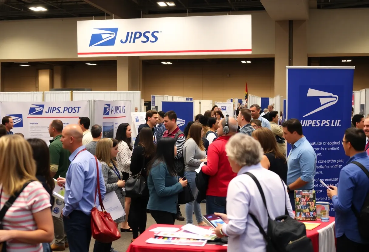 USPS job fair with attendees engaging with postal service representatives