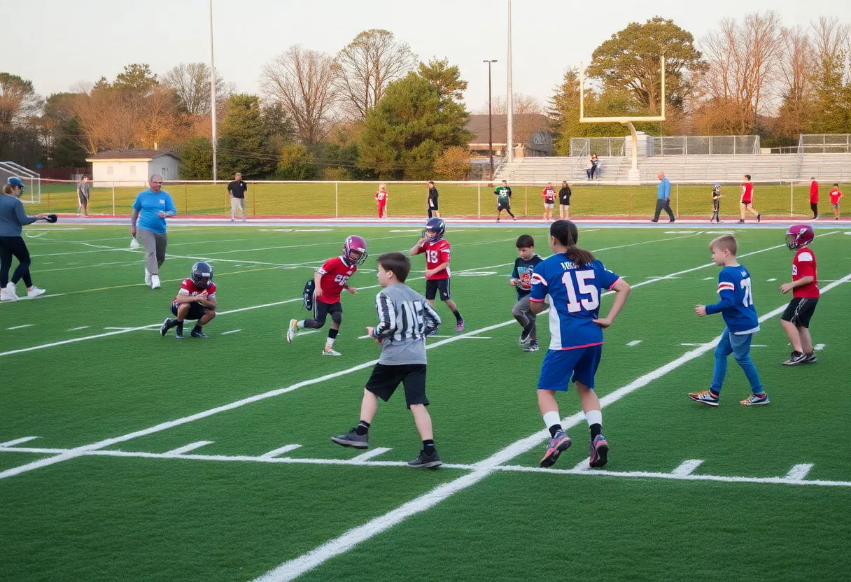 A youth flag football game in progress at Gracely Park
