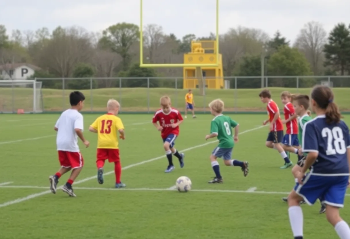 Youth football team playing during practice