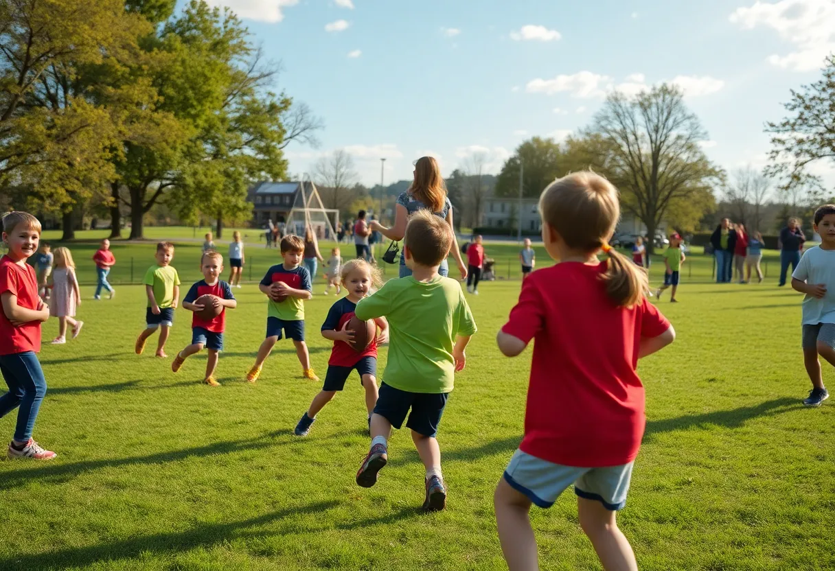 Children playing flag football in a sunny park