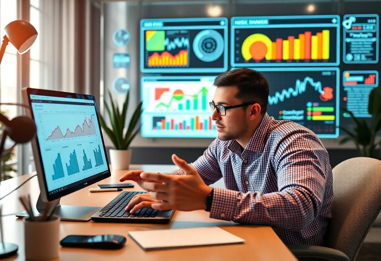 Marketer analyzing consumer behavior using digital tools in a marketing context.