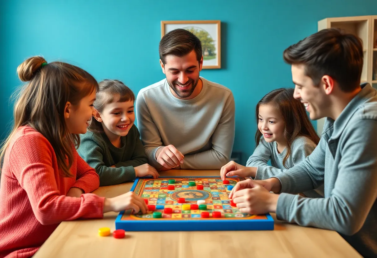 Families gathered around a table playing board games