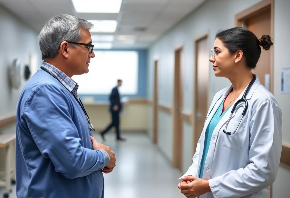 Healthcare professional discussing negotiations at Bon Secours hospital