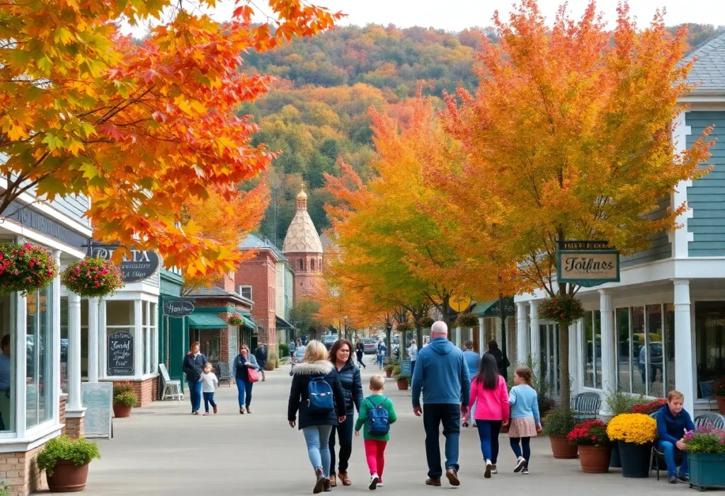 Scenic view of Brevard North Carolina in autumn with colorful leaves and local shops.
