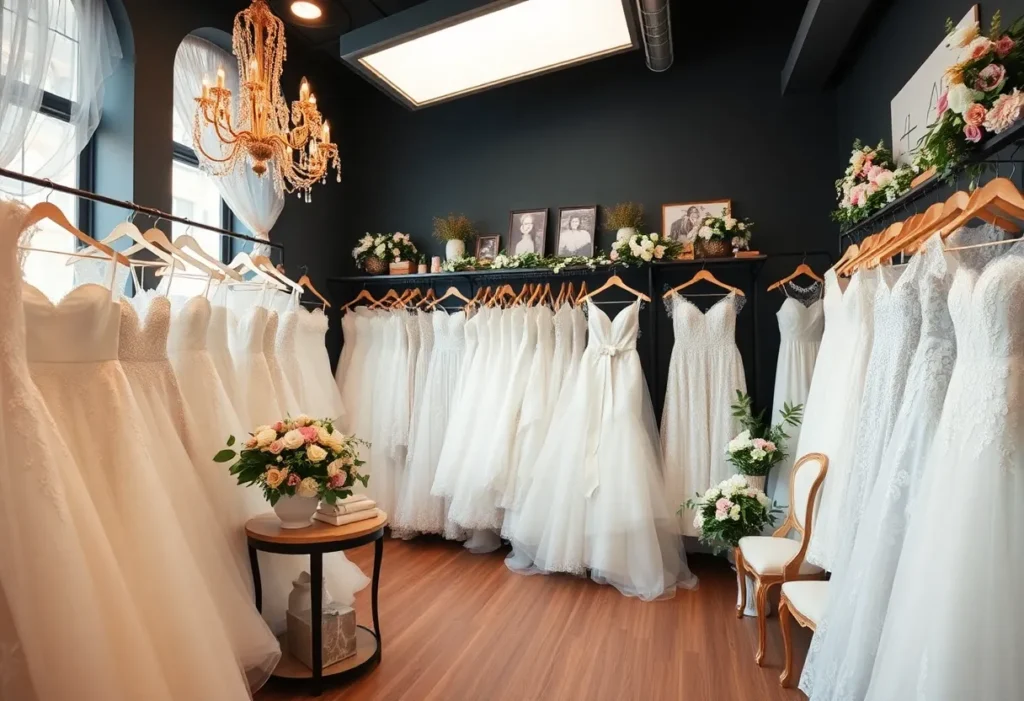 Collection of wedding dresses displayed in a chic bridal boutique