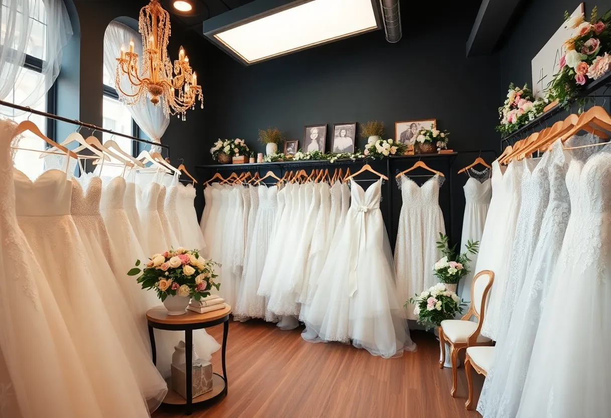 Collection of wedding dresses displayed in a chic bridal boutique