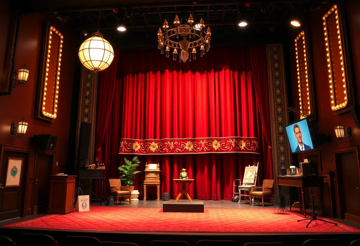 A colorful Broadway stage with theatrical elements symbolizing representation.