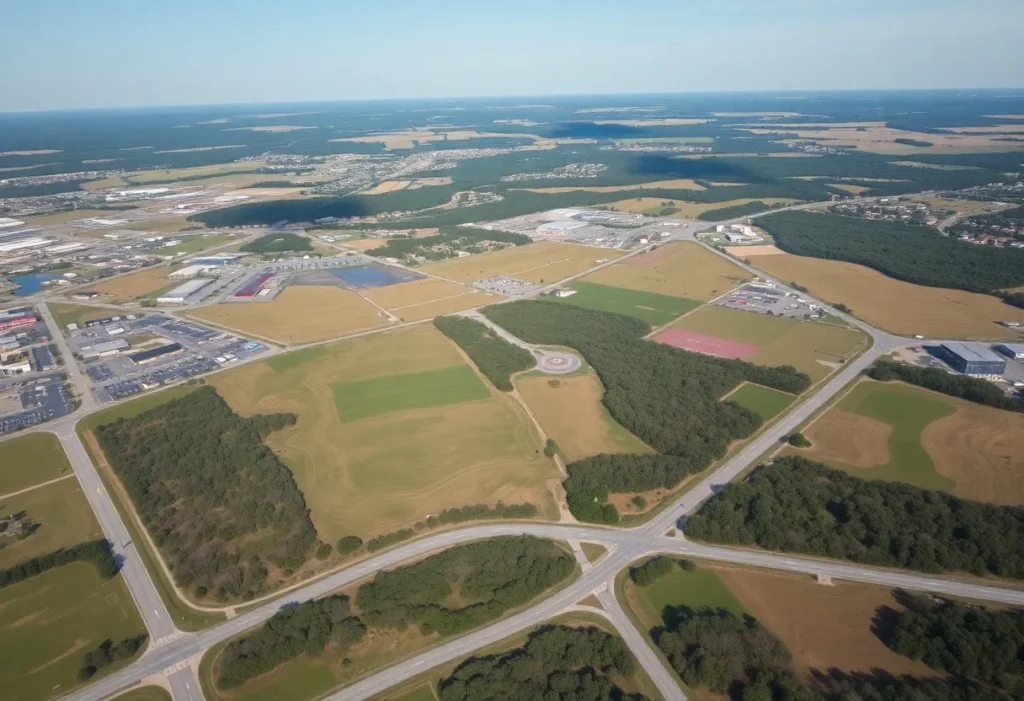 Aerial view of Cherokee County showing land developments and real estate signs.
