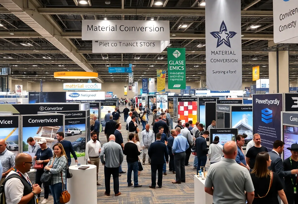 Exhibition scene at the Converters Expo South in Charlotte, featuring industry booths and networking attendees.
