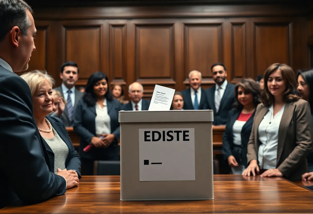 Courtroom scene related to a ballot dispute case.