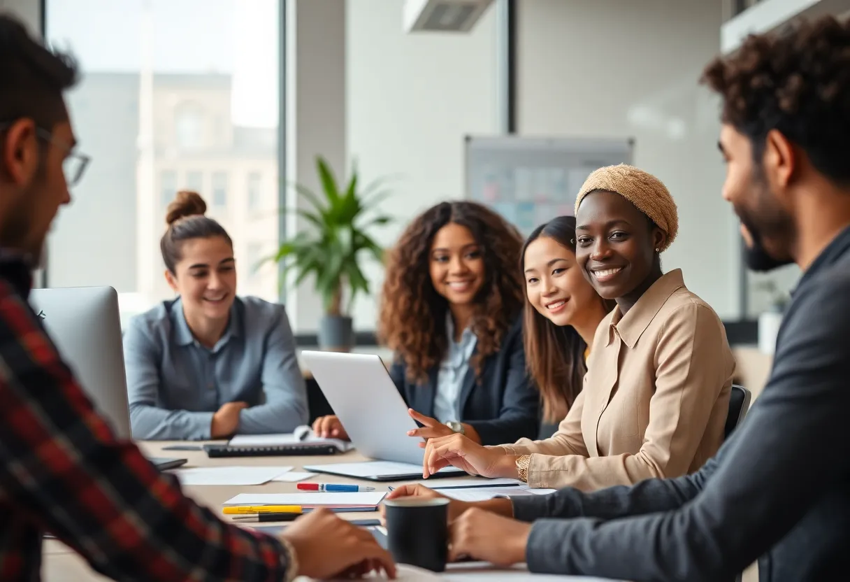 A diverse group of professionals collaborating in an office setting.