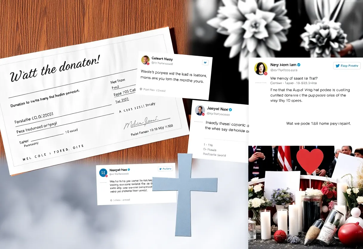 Symbolic representation of a donation fund and social media chatter about miscommunication.