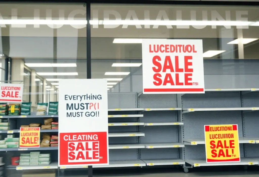 Supermarket storefront announcing liquidation sale