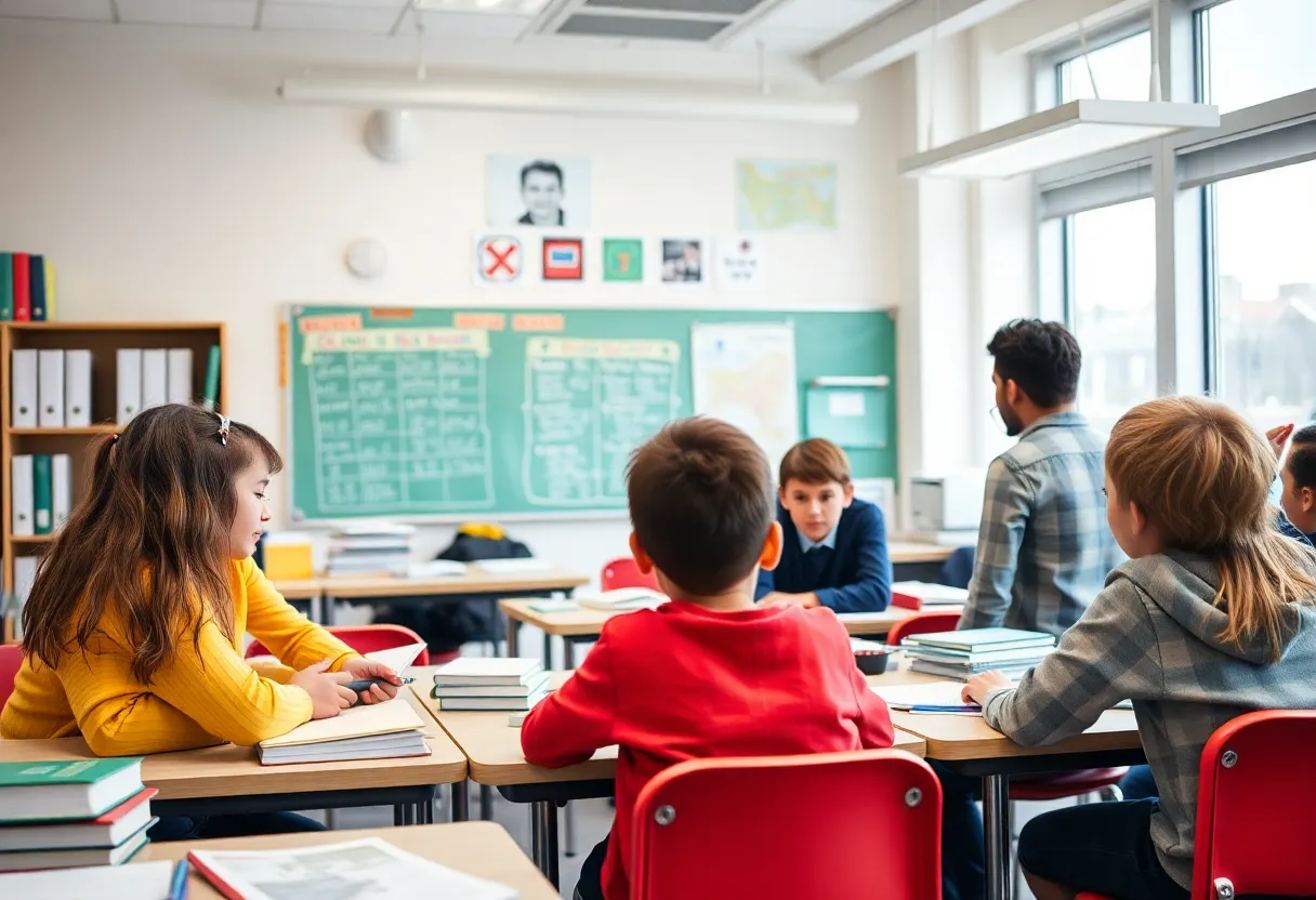 Classroom setting demonstrating educational reform with students participating in learning activities.