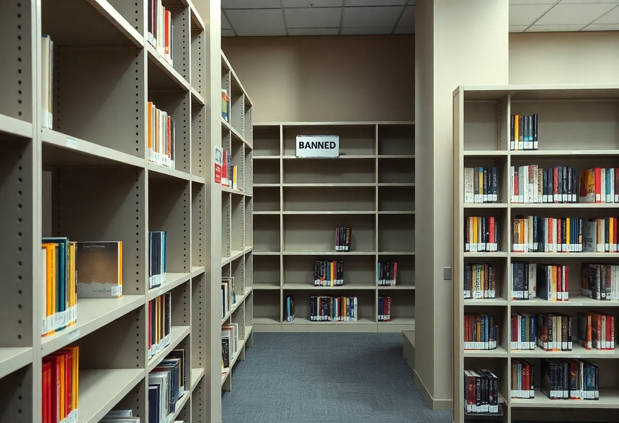 Shelves in a school library with signs indicating banned books.