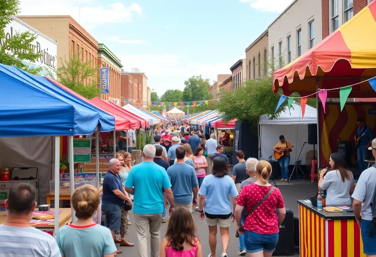 A bustling scene from the Fall for Greenville Festival with food stalls and live music.
