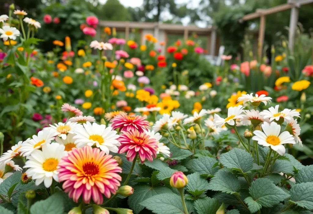 A picturesque garden with vibrant plants and vegetables