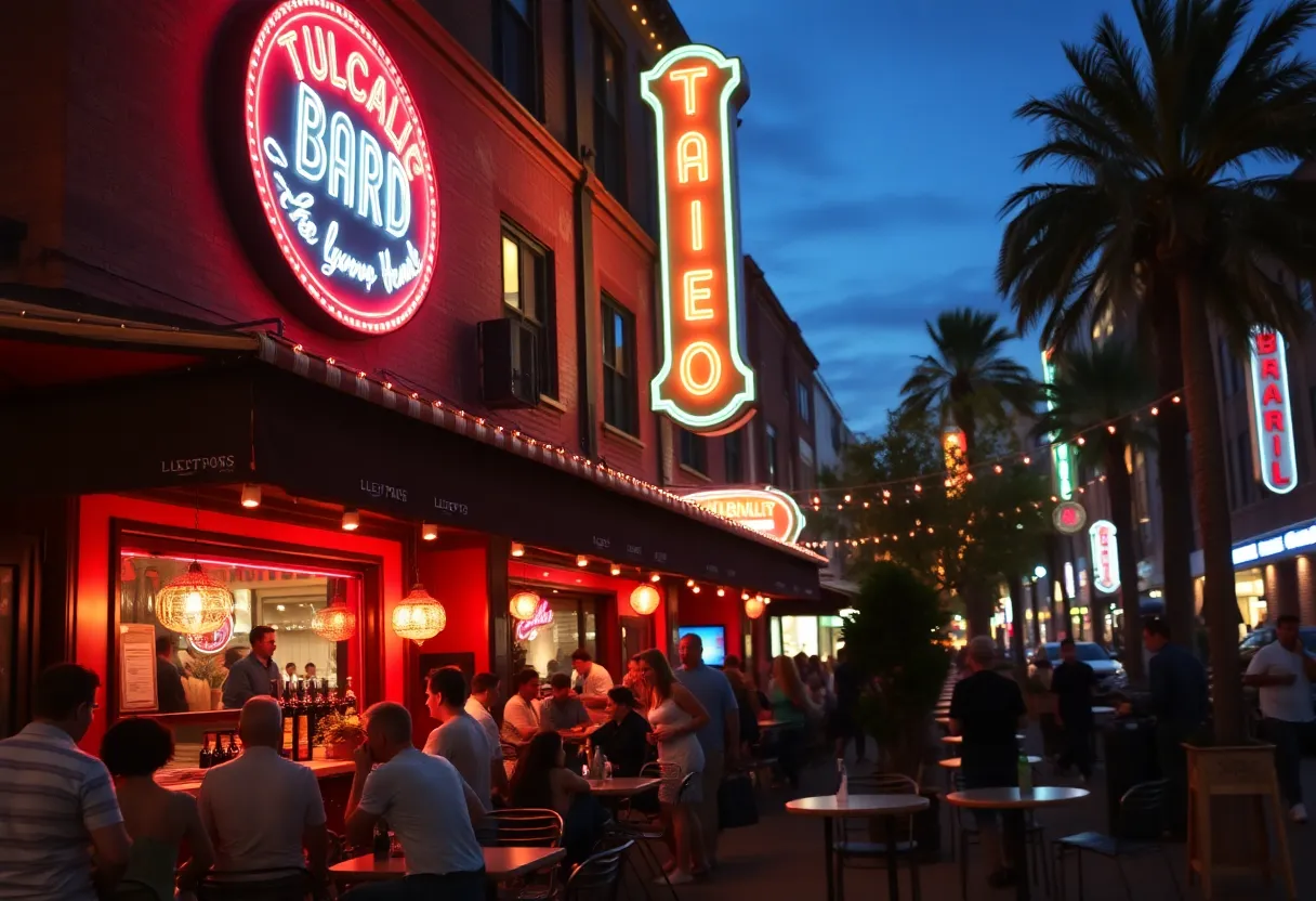 Exterior of Gaslight Bar and Grill at night with patrons enjoying outdoor seating.