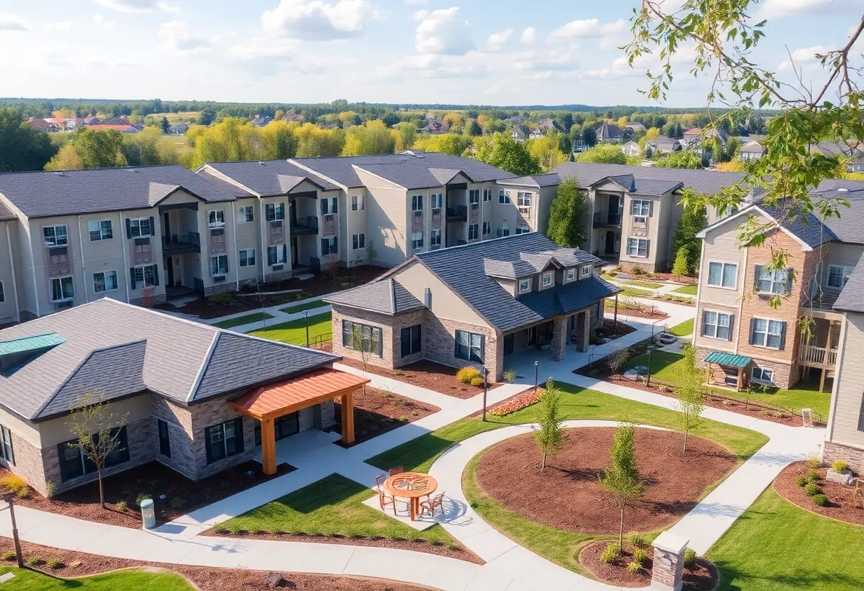 Affordable housing community in Greenville with landscaped grounds and apartments