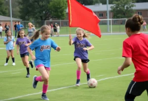 Young girls engaged in flag football at a local high school