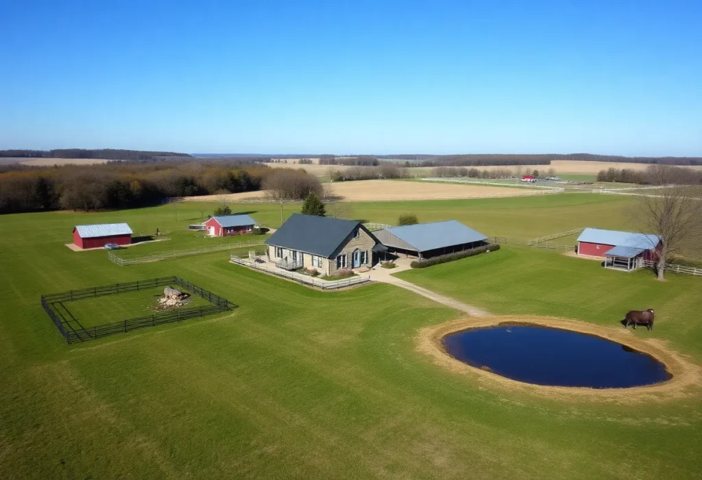 Aerial view of Glendarosa Farm featuring the main house, barns, and lush greenery.