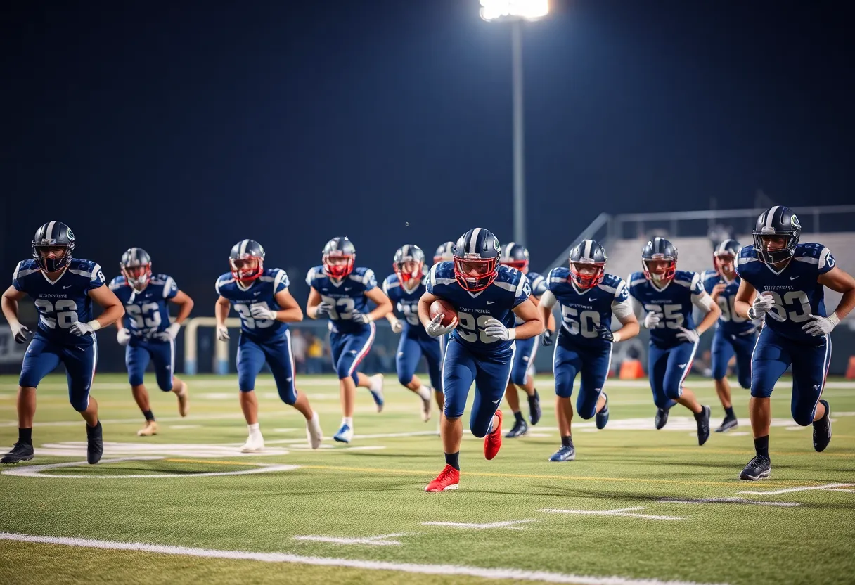 High school football players in a game action on the field during night