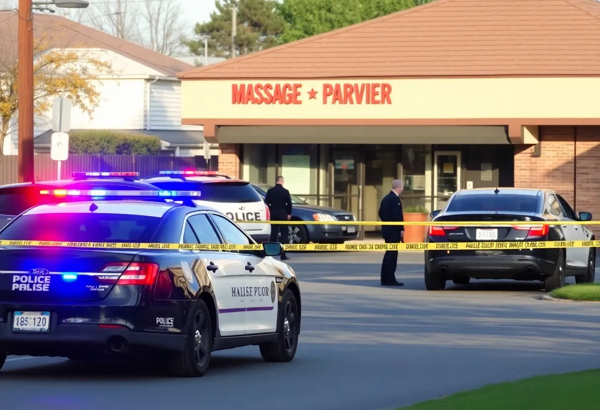 Police officers conducting a search at Amazing Massage