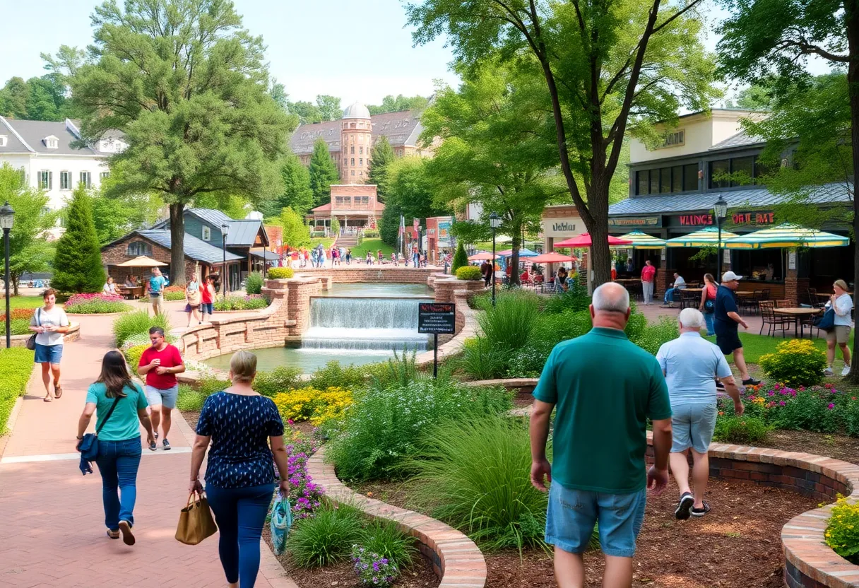 A scenic view of Falls Park in Greenville, SC with visitors enjoying the outdoors.