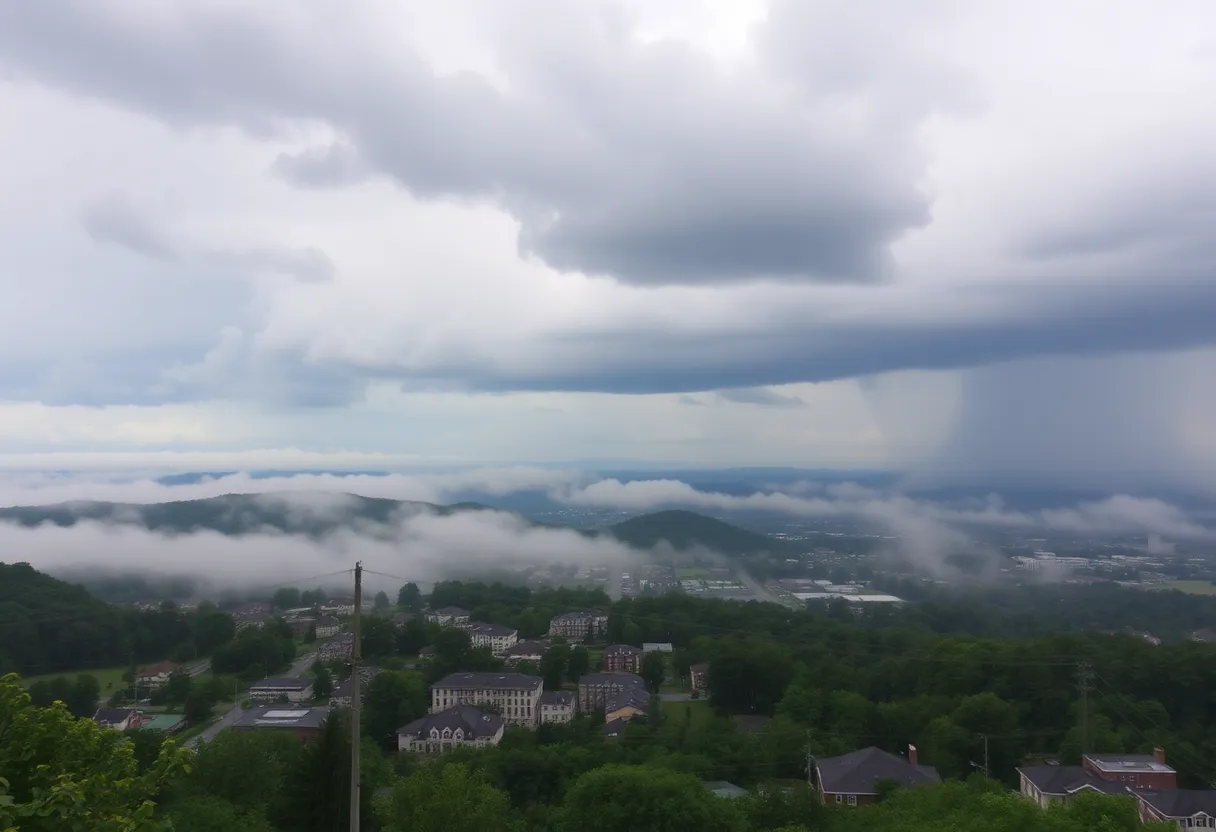 Foggy landscape in Greenville SC with storm clouds
