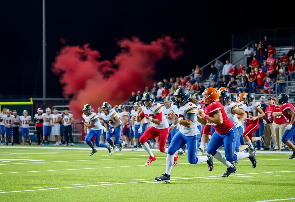 Players from Greenwood and Greenville competing in a high school football game.