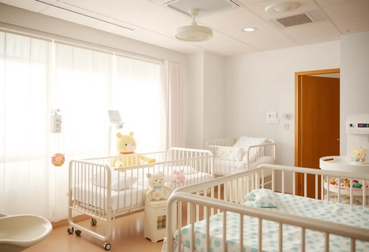 Caring hospital environment for infants with soft lighting and cribs