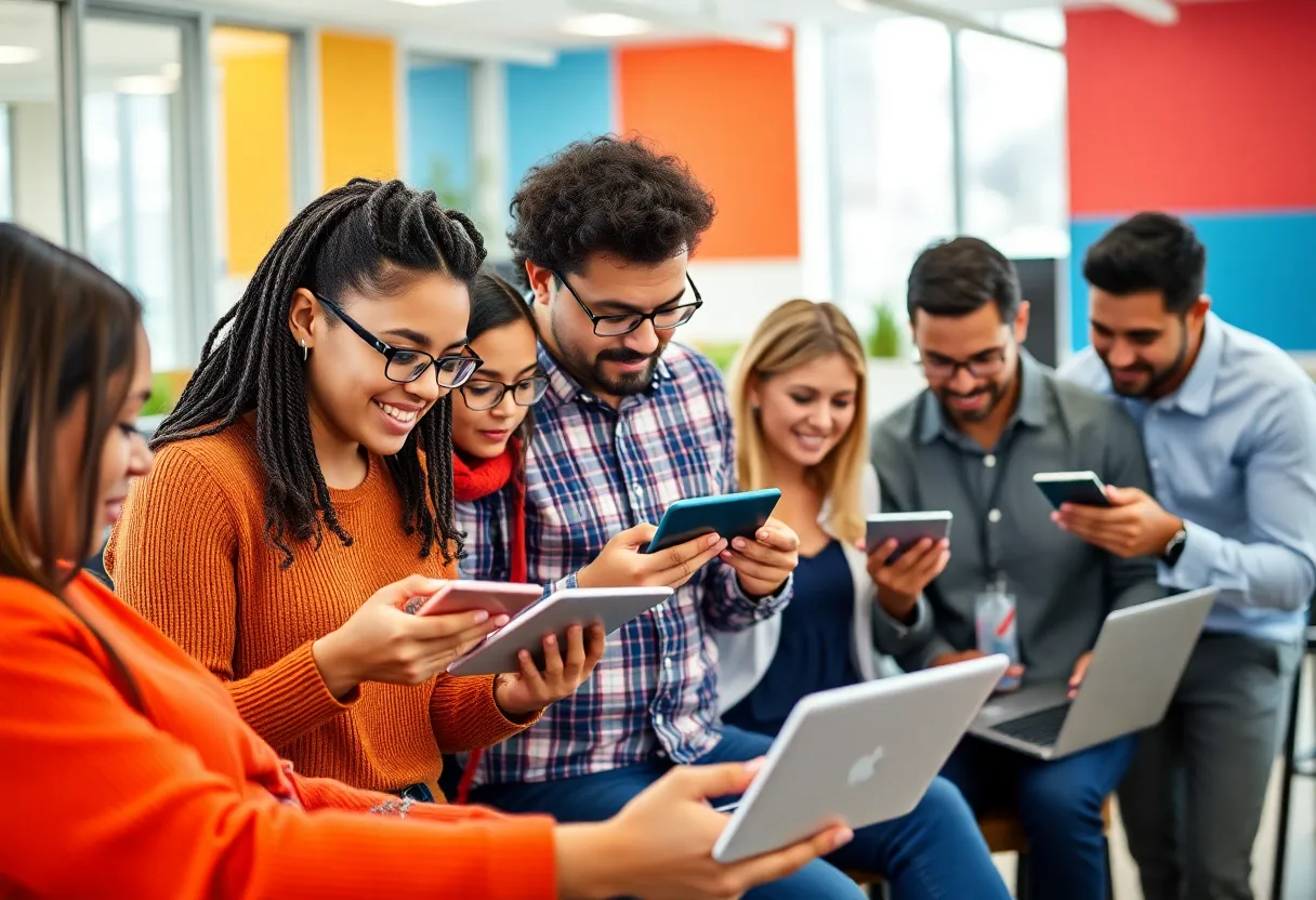 Group of people interacting with digital content on devices