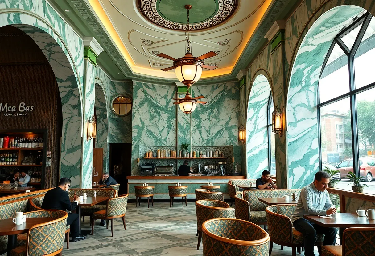 Stylish interior of an Arabic coffee house with marble and green tones