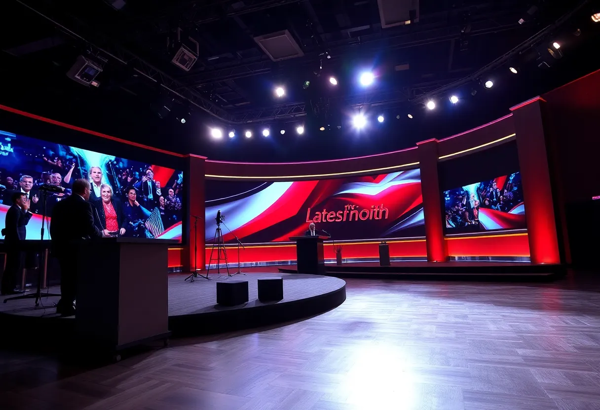 Late-night television stage with dramatic lights