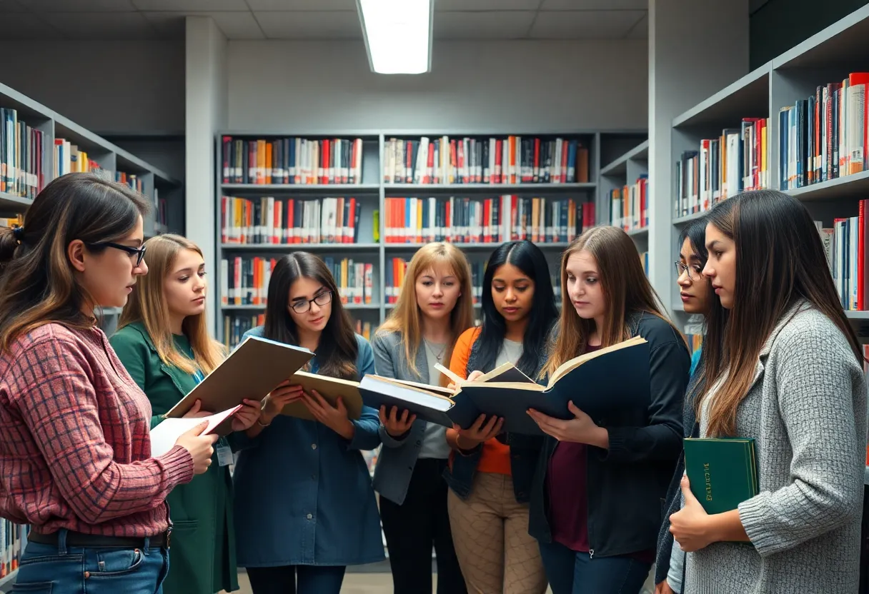 Librarians and students engaged in a discussion about educational censorship in a school library.