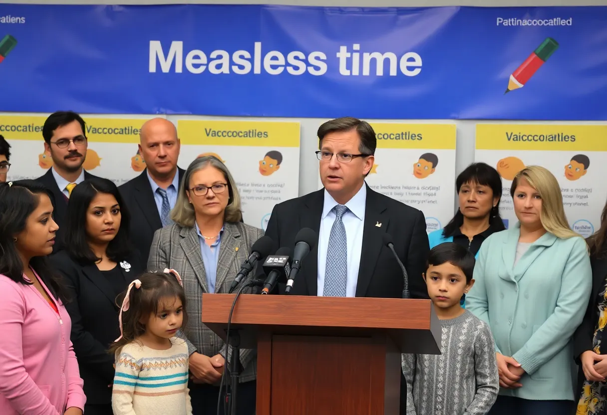 Public health officials discussing measles outbreak at a local press conference