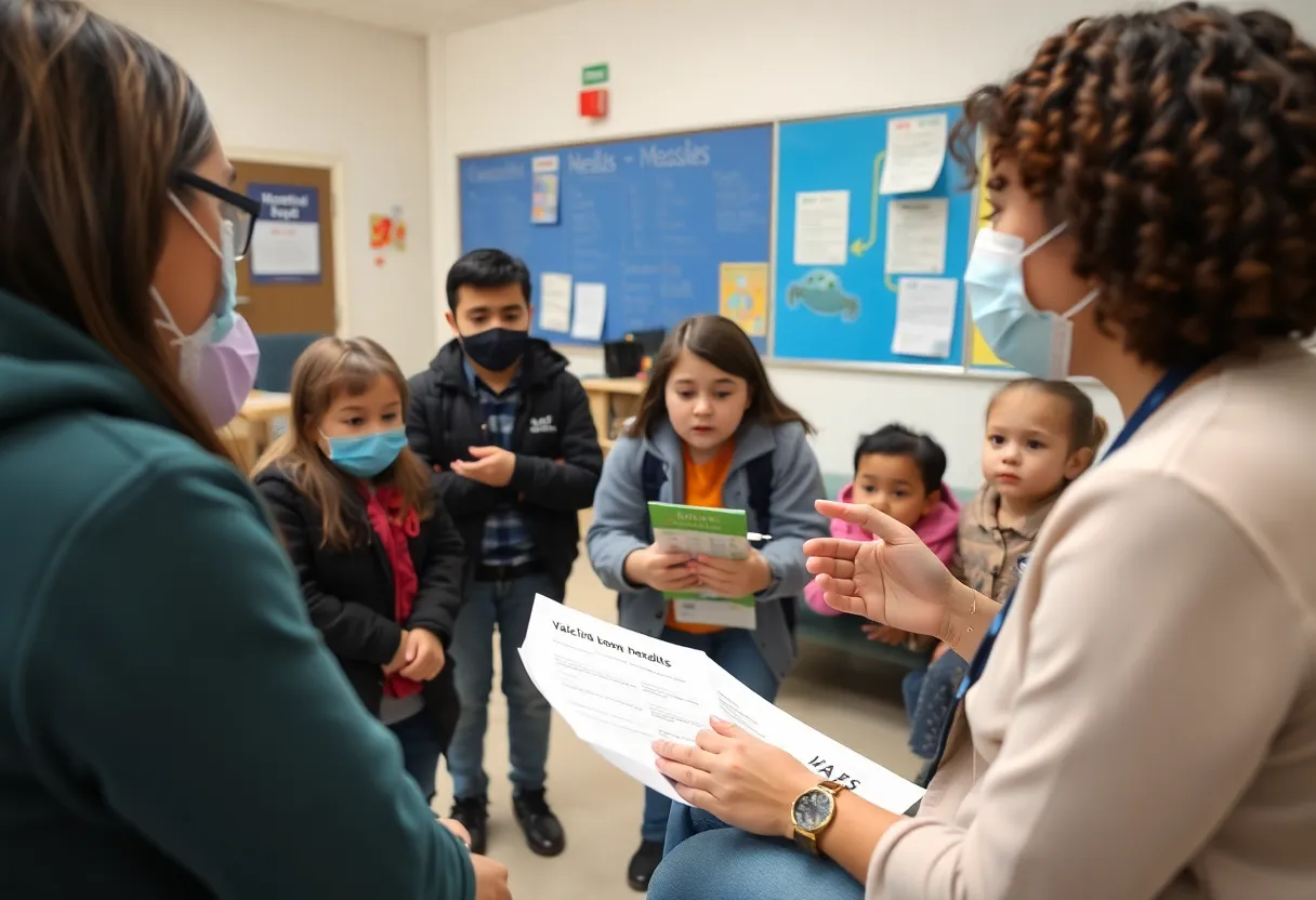 Health official discussing vaccination plans at a school