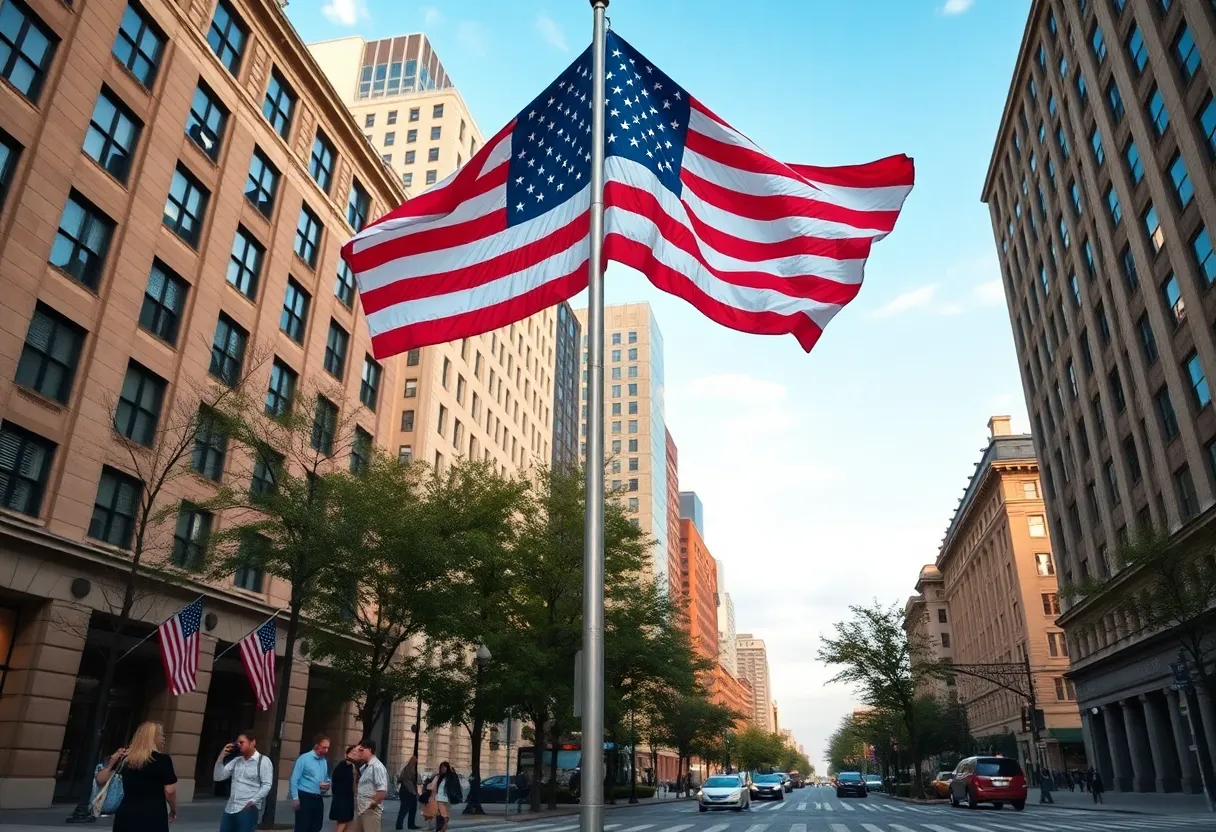 Oversized American flag flying in Greenville intersection