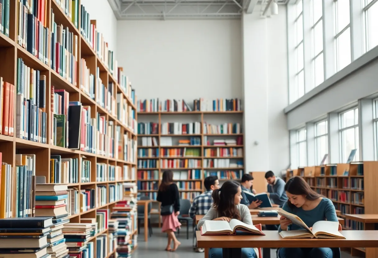 Students in a library surrounded by diverse books